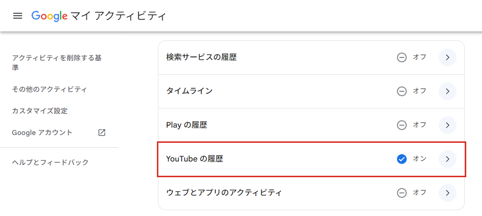 マイアクティビティのYouTubeの履歴
