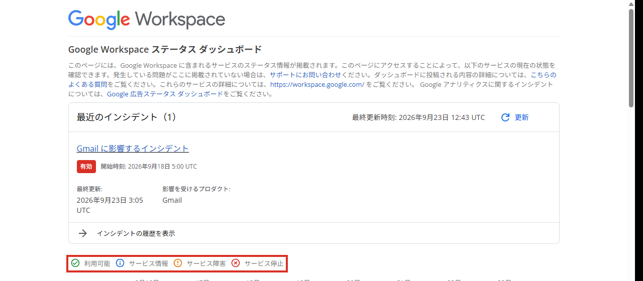 Google Workspace ステータス ダッシュボード