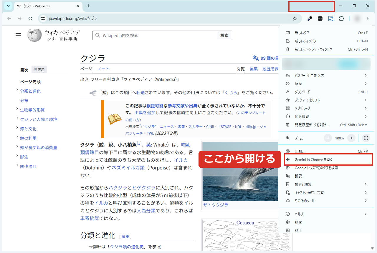 ボタンを外していてもメニューからGemini in Chromeを開ける