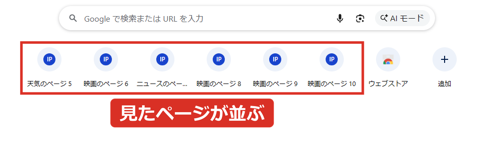 新しいタブのショートカットに、見たページが並んでいる