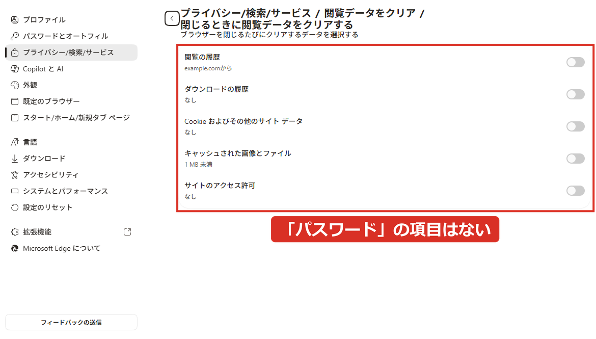 ブラウザーを閉じるたびにクリアするデータの一覧。パスワードの項目はない