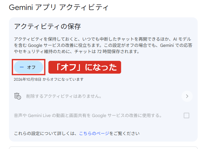 アクティビティの保存がオフになった