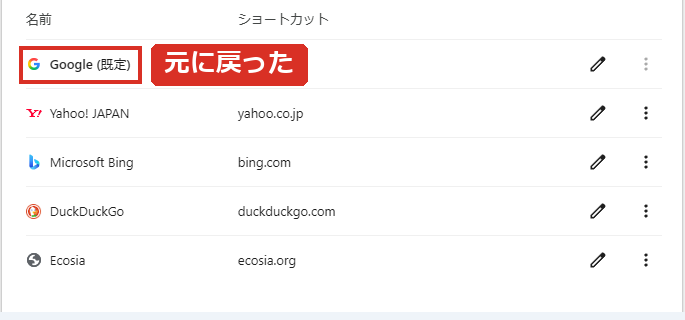 Googleが既定に戻った