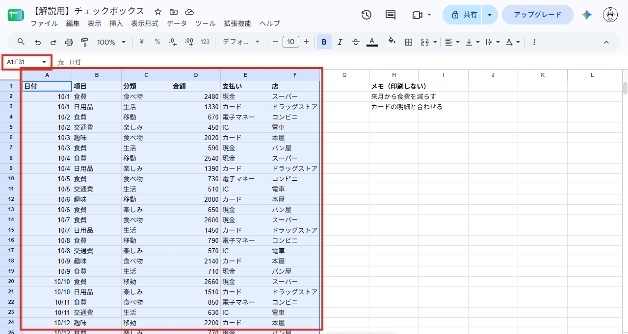 スプレッドシートで印刷したい範囲（A1からF31）を選んだところ